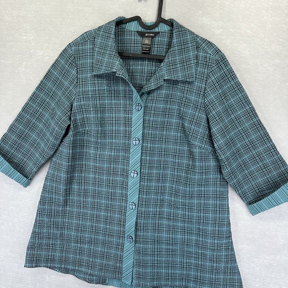 Ali Miles Teal Plaid Seersucker Art to Wear Jacket Size‎ Large Button Front